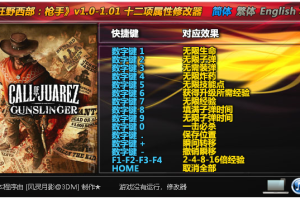 《狂野西部:枪手》v1.0-1.01 十二项属性修改器 免费无毒下载使用风灵月影版
